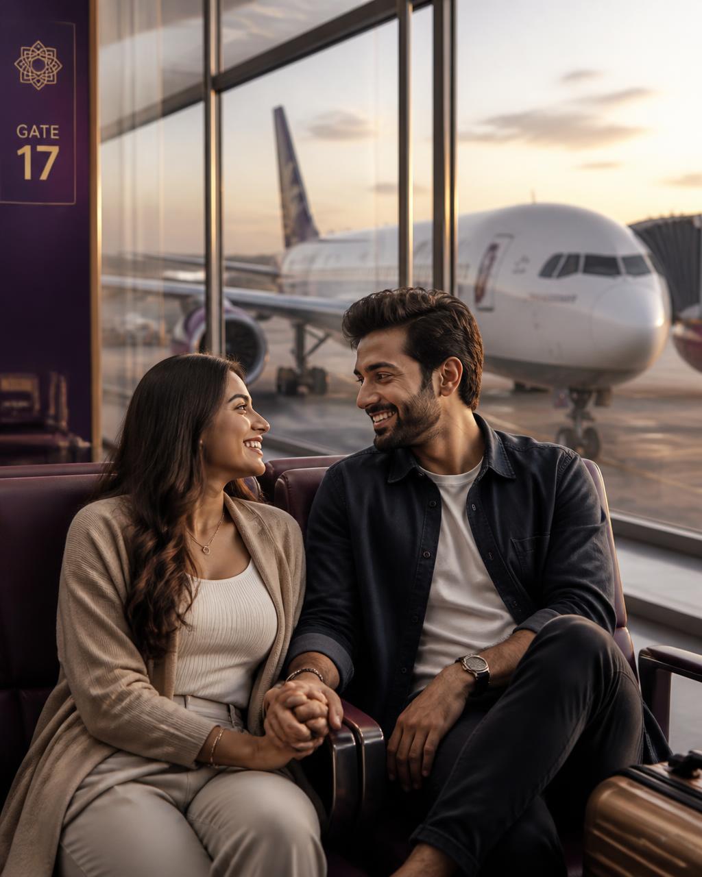 Casal feliz na sala de embarque do aeroporto com avião ao fundo