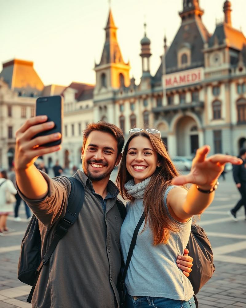 Casal feliz viajando pela Europa
