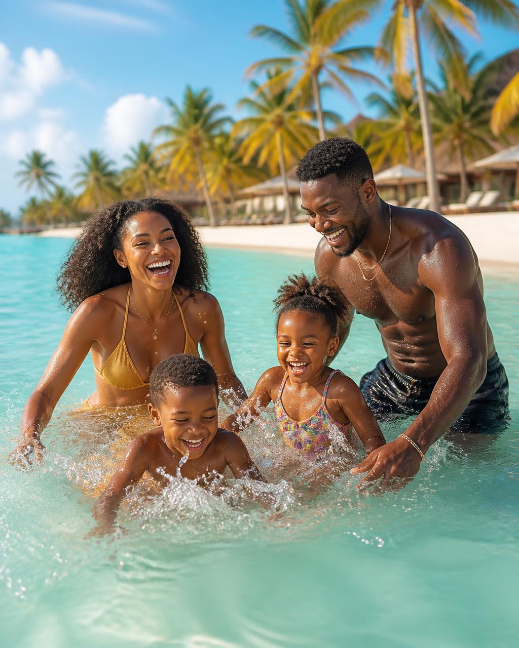 Família negra feliz se divertindo na beira do mar em um resort
