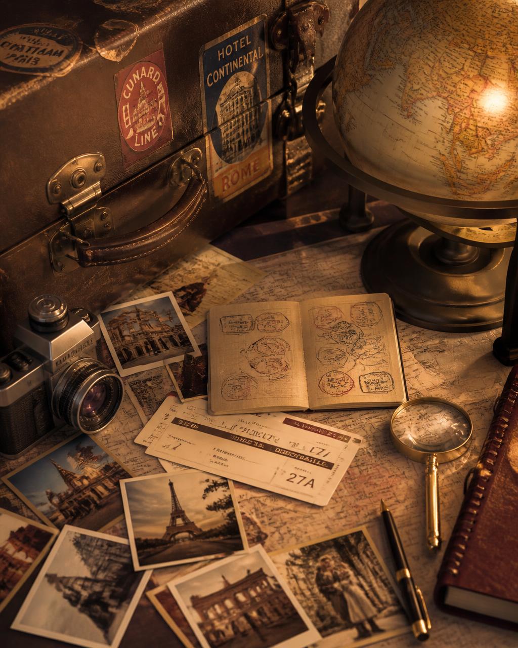 Mapa antigo, mala de viagem vintage, globo e fotos que relembram a trajetória da agência
